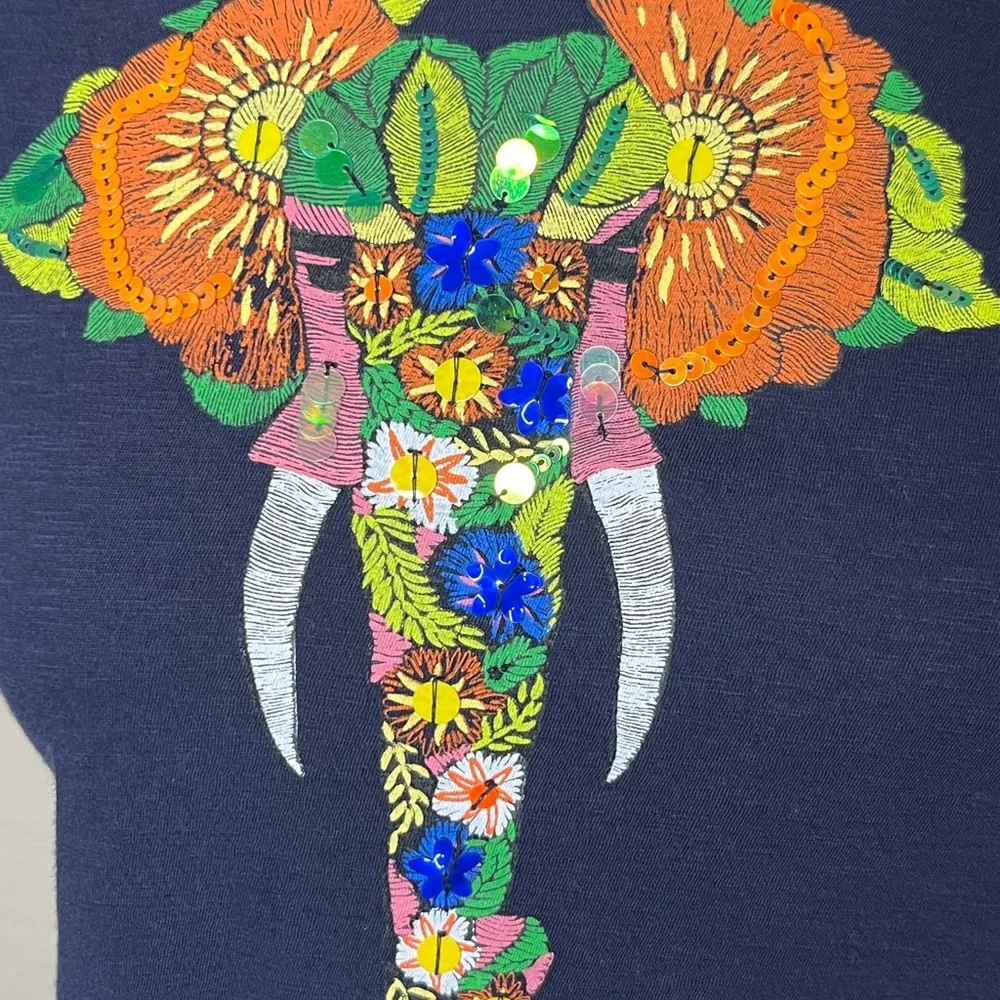 Crown & Ivy Blue Elephant Sequin Graphic T-Shirt Size XL Cute Floral Festive Y2K